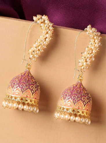 Gold-Toned & Pink Meenakari Enamel Pearls Ethnic Jhumka